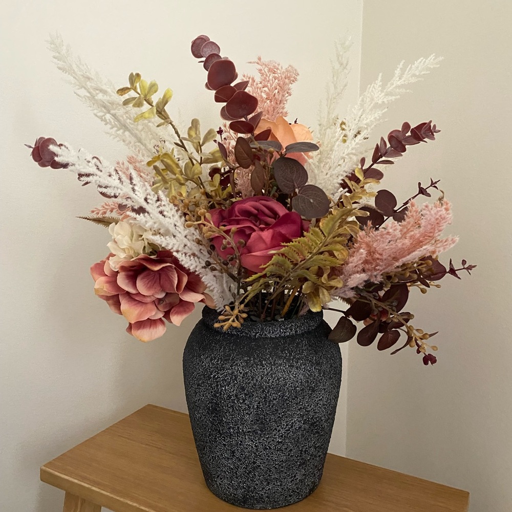 Decorative Faux Floral Arrangement in Charcoal Vase - Mixed Pink & Cream Blooms